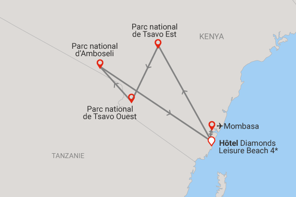 Combiné circuit et hôtel Diamonds Leisure Beach avec 3 nuits safari Tsavo Est/Ouest et Amboseli diani_beach Kenya