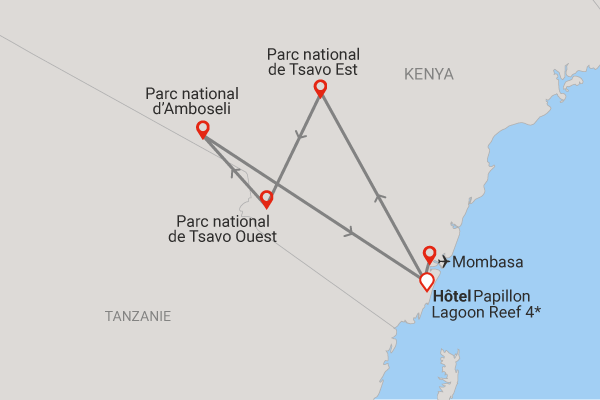 Combiné circuit et hôtel Papillon Lagoon Reef 3* avec 3 nuits Tsavo est/Ouest et Amboséli diani_beach Kenya