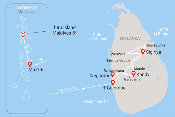 Combiné circuit et hôtel Cœur de Ceylan 3* & plage du Framissima Ifuru Island Maldives colombo Sri Lanka