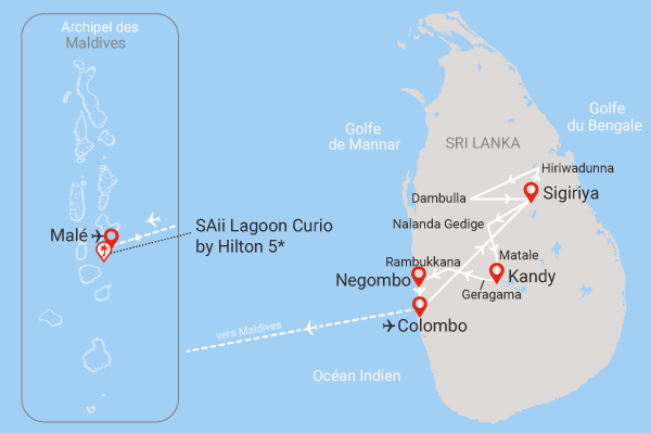 Combiné circuit et hôtel Cœur de Ceylan 3* & plage du Framissima Saii Lagoon aux Maldives colombo Sri Lanka